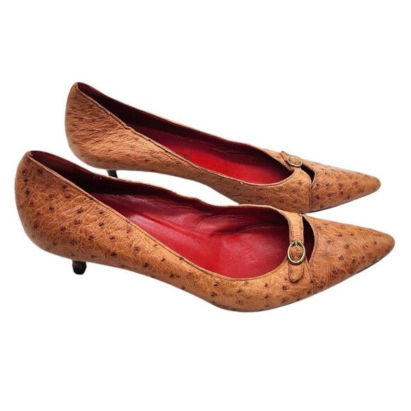 Vintage Y2K Celine Ostrich Exotic Leather Kitten Heel Pumps 38.5 Pointed Toe - Picture 1 of 10